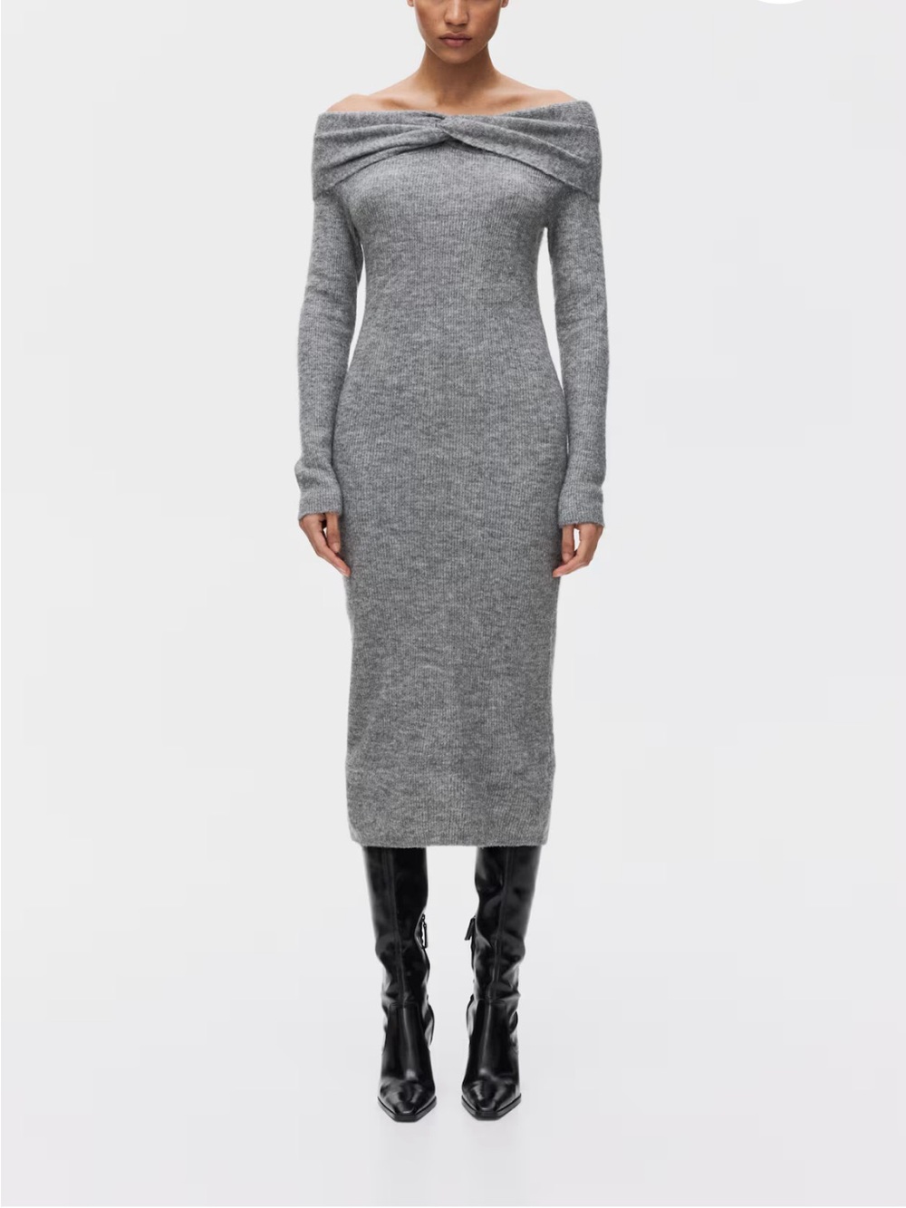 H&M | Off-Shoulder Twist Fine Knit Sweater Long Sleeve Bodycon Dress Gray XS